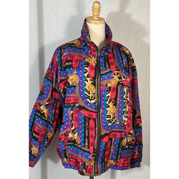 Vintage 80’s 100% silk status print zip-up bomber jacket by EVR - Picture 1 of 7